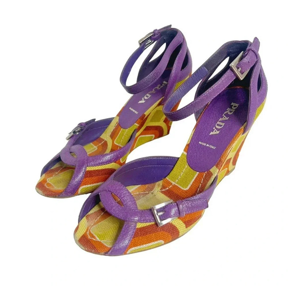 SOLD Prada RARE Vintage y2k Green and Purple Mod Print Wedges Women's Size 6 - Picture 3 of 12